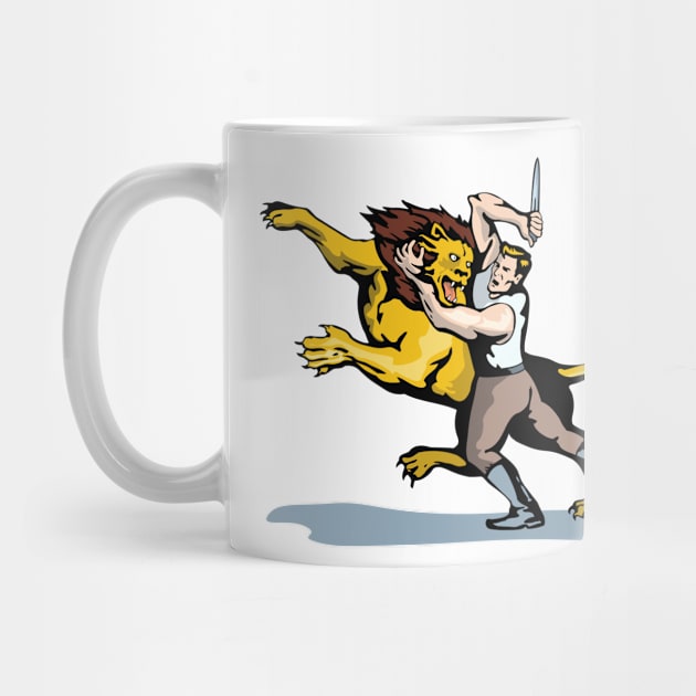 Man Fighting Lion with Dagger  Retro by retrovectors